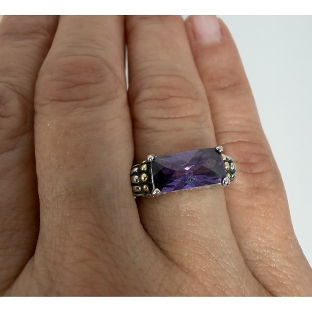 925 Sterling Silver Purple Glass Ring Two Tone Size 6.25 Statement - Picture 2 of 8